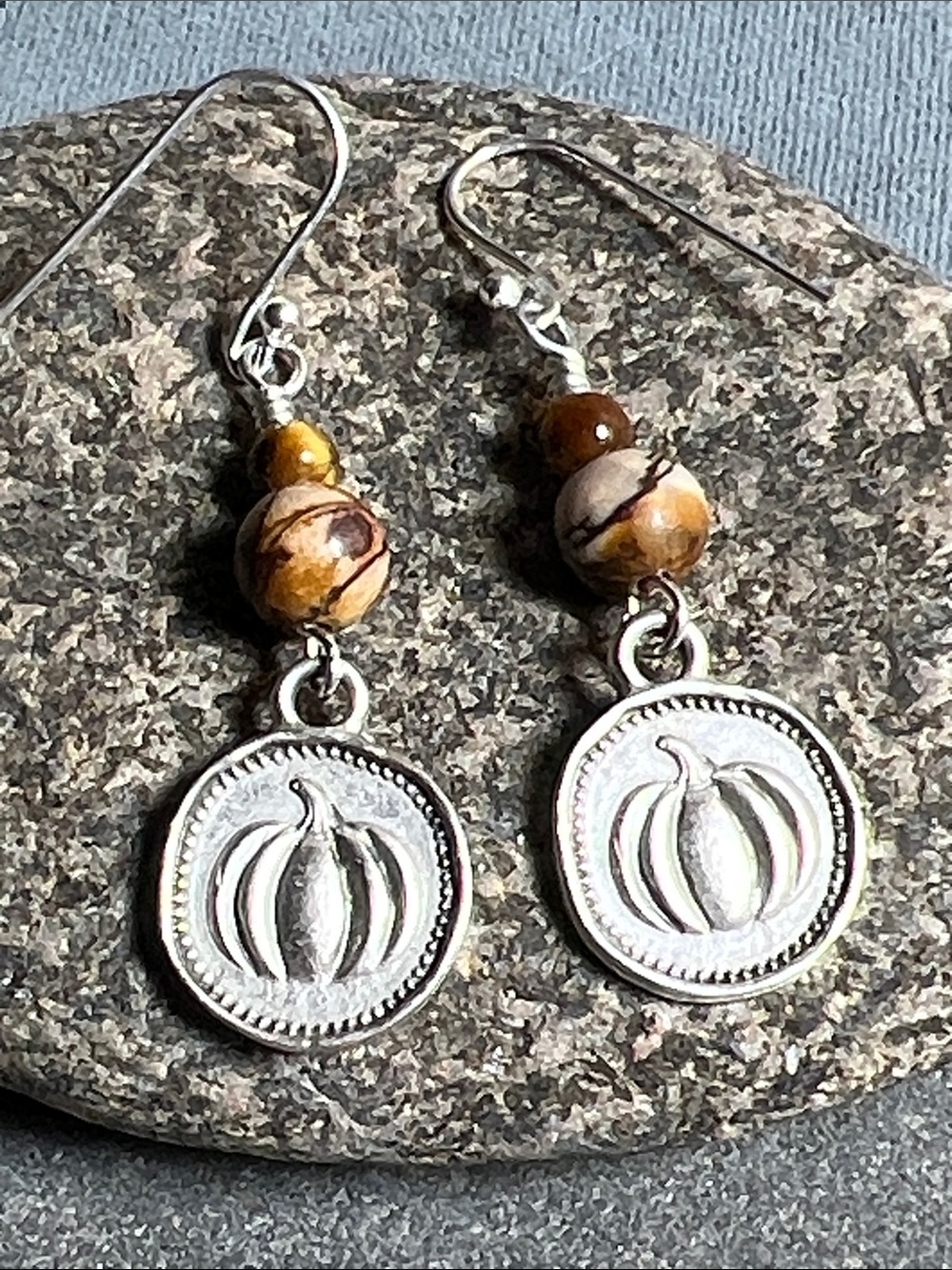 Pumpkin charm sterling 925 dangle earrings Picasso Jasper & tiger eye gemstones